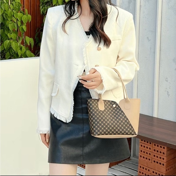 Brown Checkered Pattern Mini Tote Bag - Picture 5 of 13